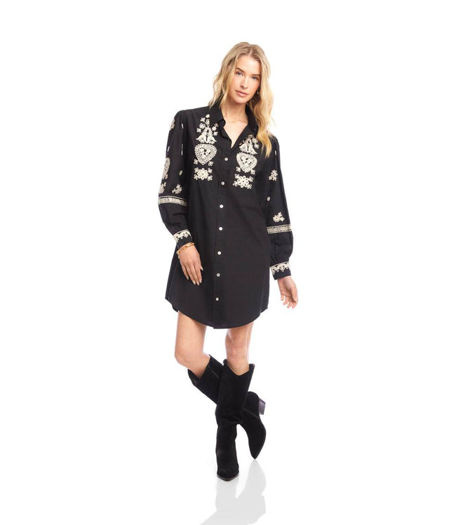 Karen Kane Black With Tan Blouson Sleeve Rope Stitch Shirtdress Karen Kane