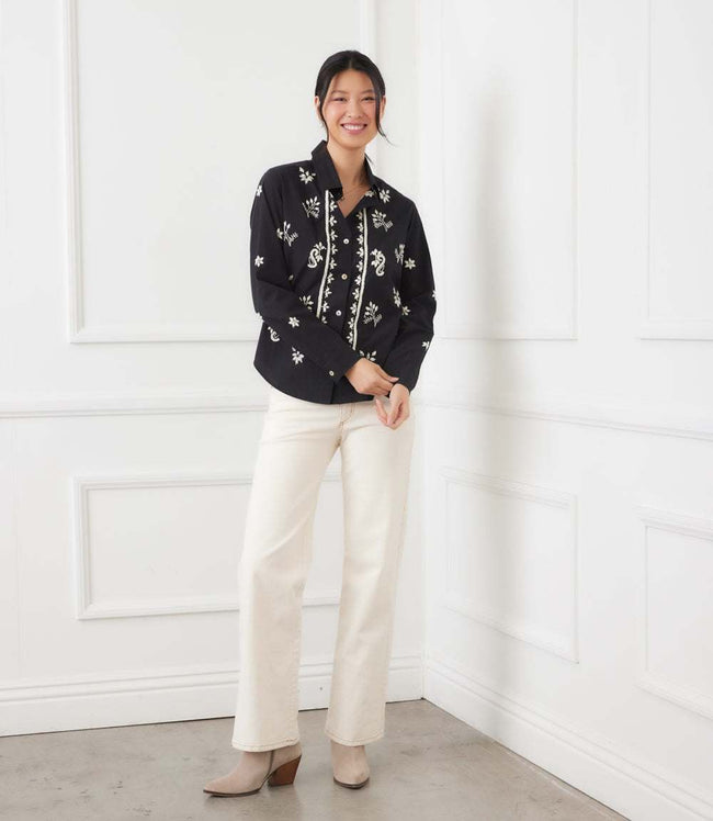 Karen Kane Black With Tan Long Sleeve Embroidered Shirt Karen Kane