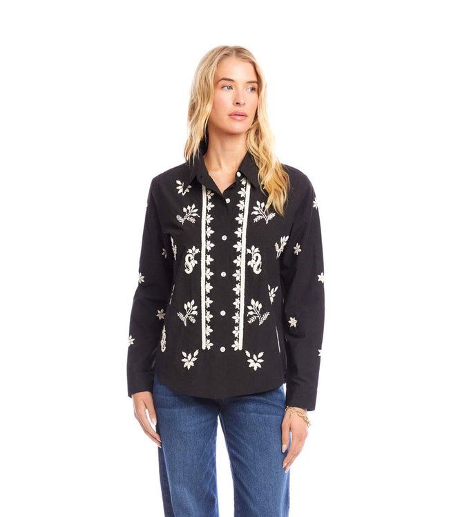 Karen Kane Black With Tan Long Sleeve Embroidered Shirt Karen Kane