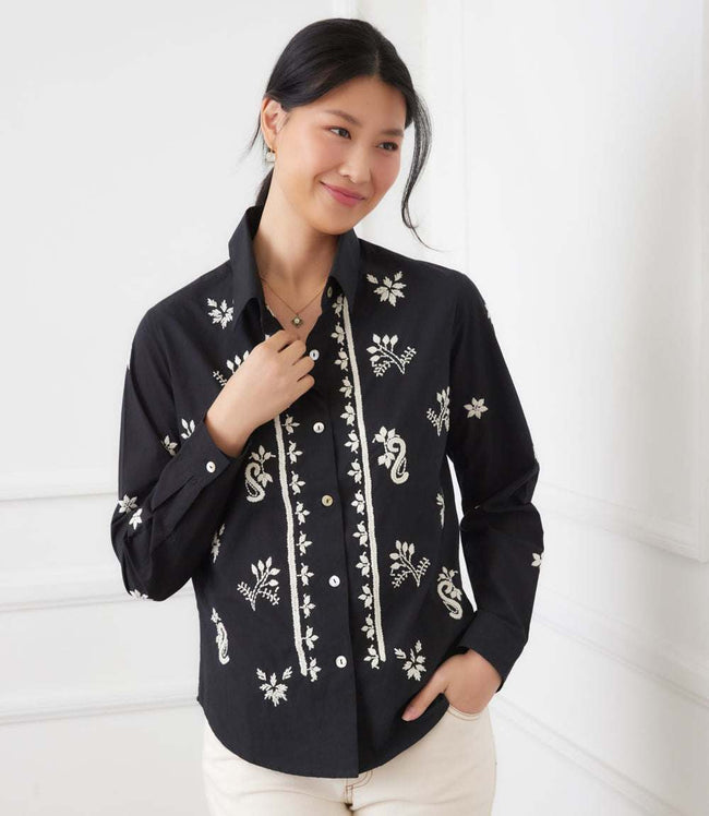 karen kane Black With Tan Long Sleeve Embroidered Shirt Karen Kane