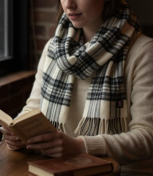 Karen Kane Black With White Merino Wool Fringed Plaid Scarf Karen Kane