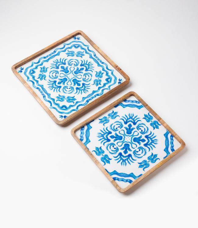 Karen Kane Blue Blue Block Print Serving Trays Set Of 2 Karen Kane