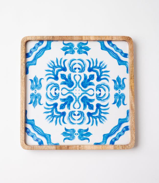 Karen Kane Blue Blue Block Print Serving Trays Set Of 2 Karen Kane