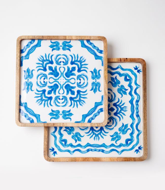 karen kane Blue Blue Block Print Serving Trays Set Of 2 Karen Kane