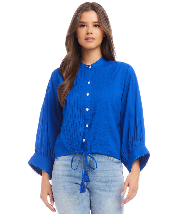 Karen Kane Blue Lace Trim Drawstring Top Karen Kane