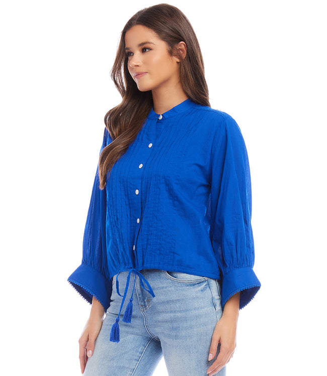 Karen Kane Blue Lace Trim Drawstring Top Karen Kane