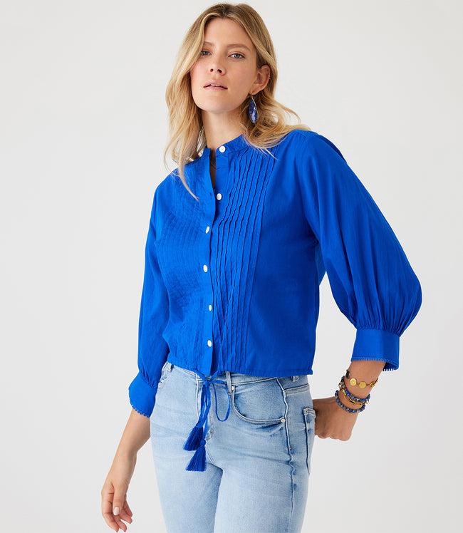 karen kane Blue Lace Trim Drawstring Top Karen Kane
