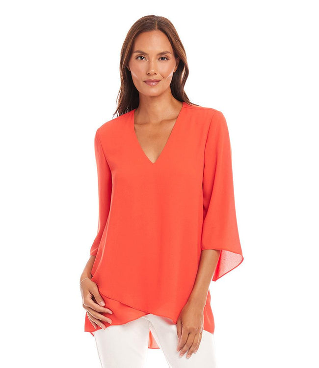 karen kane Bright Orange Petite Size Bracelet Sleeve Asymmetric Top Karen Kane