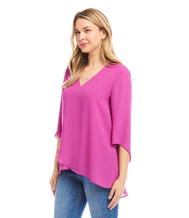 Karen Kane Bright Pink Petite Size Bracelet Sleeve Asymmetric Top Karen Kane