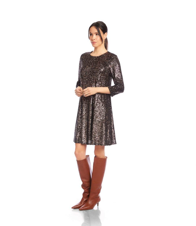 Karen Kane Brown 3/4 Sleeve Sequin Swing Dress Karen Kane