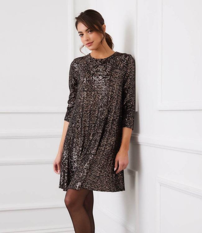 karen kane Brown 3/4 Sleeve Sequin Swing Dress Karen Kane