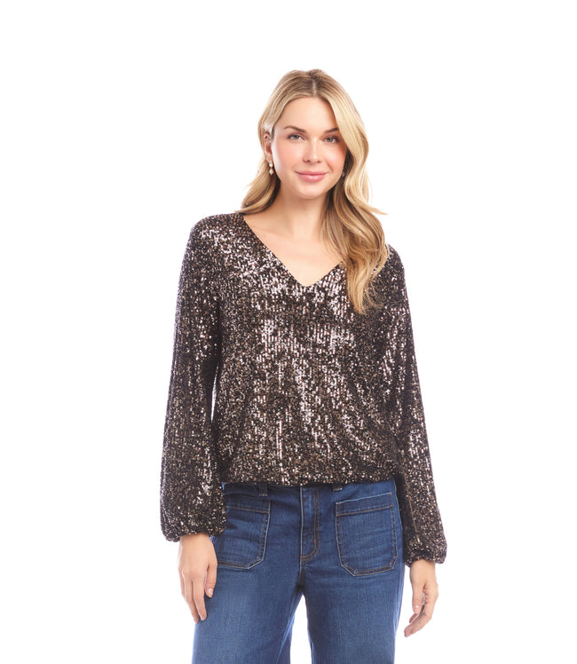 Karen Kane Brown Blouson Sleeve Sequin V-Neck Top Karen Kane