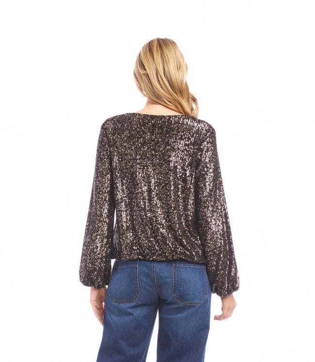 Karen Kane Brown Blouson Sleeve Sequin V-Neck Top Karen Kane
