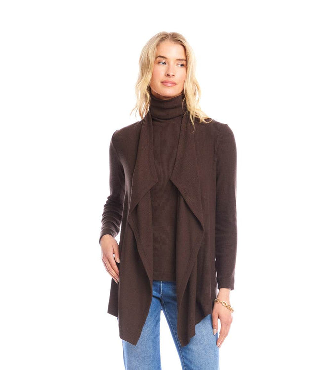 Karen Kane Brown Long Sleeve Ribbed Drape Front Cardigan Karen Kane