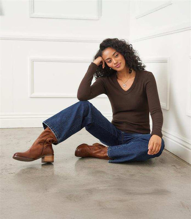 Karen Kane Brown Long Sleeve Ribbed V-Neck Top Karen Kane