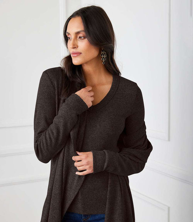 Karen Kane Brown Long Sleeve Ribbed V-Neck Top Karen Kane