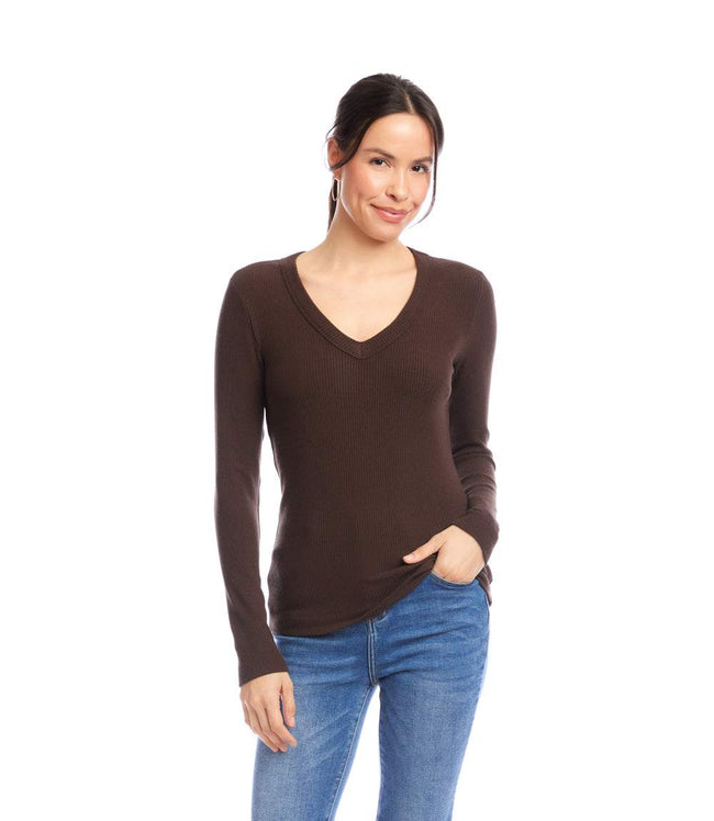 Karen Kane Brown Long Sleeve Ribbed V-Neck Top Karen Kane