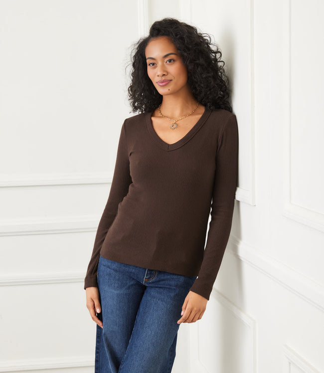 karen kane Brown Long Sleeve Ribbed V-Neck Top Karen Kane