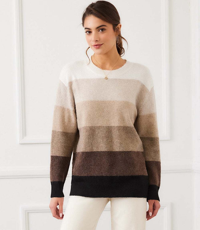 Karen Kane Brown Multi Stripe Crewneck Sweater Karen Kane