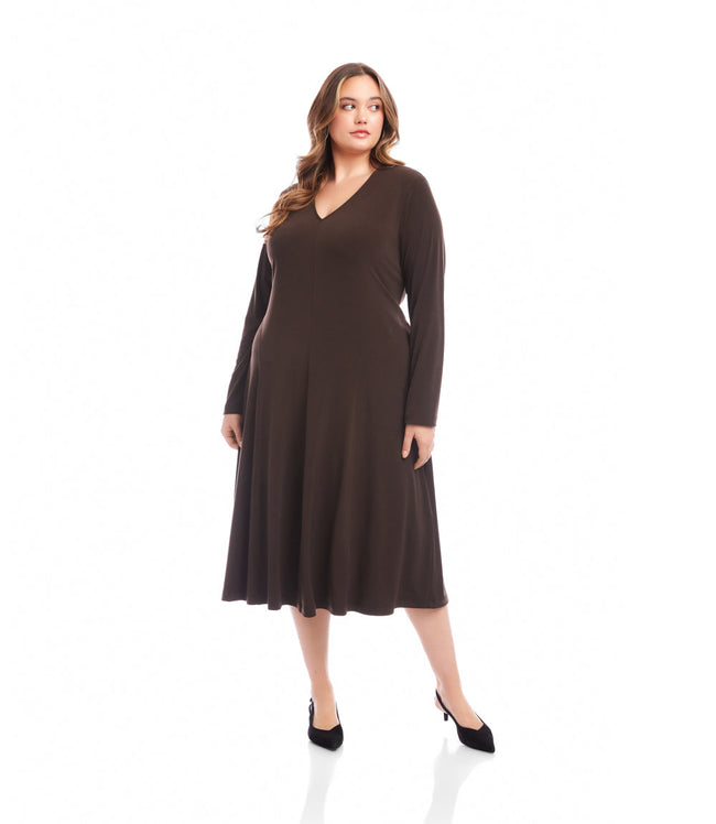 karen kane Brown Plus Size Kate V-Neck Midi Travel Dress Karen Kane karen kane Brown Plus Size Kate V-Neck Midi Travel Dress Karen Kane