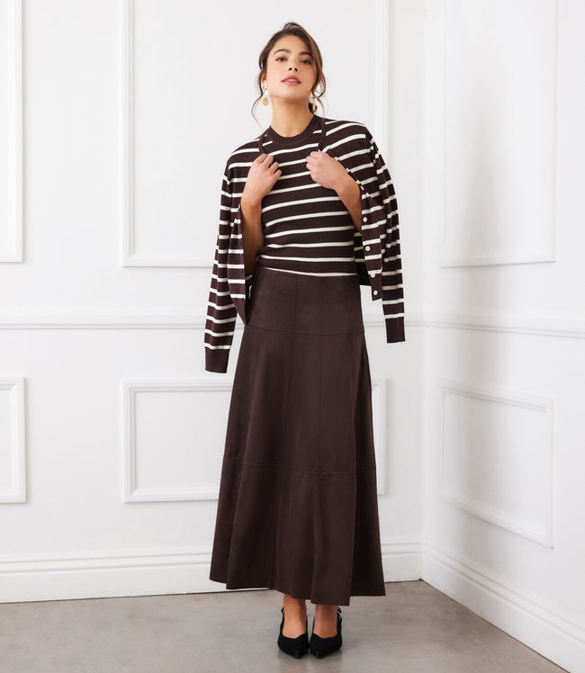 Karen Kane Brown Tiered Faux Suede Midi Skirt Karen Kane