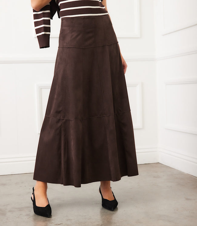 karen kane Brown Tiered Faux Suede Midi Skirt Karen Kane