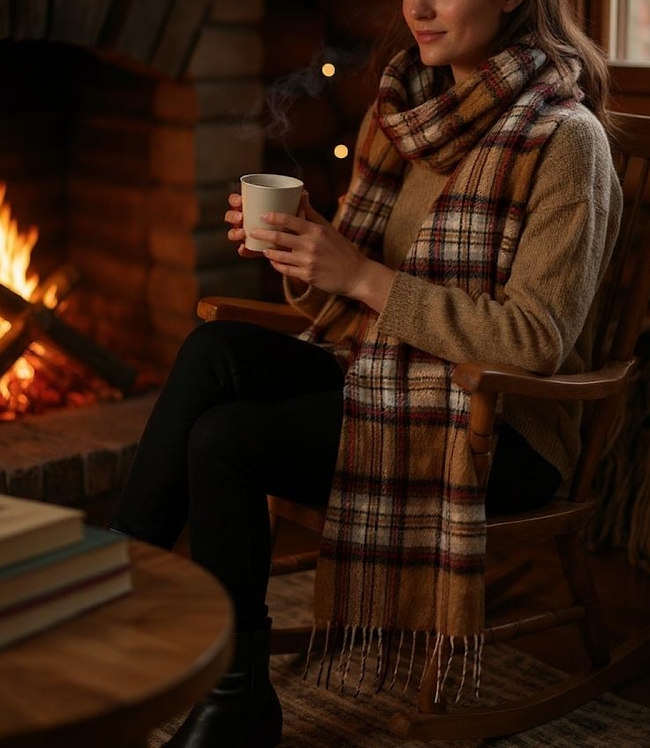 Karen Kane Camel With Black Merino Wool Fringed Plaid Scarf Karen Kane