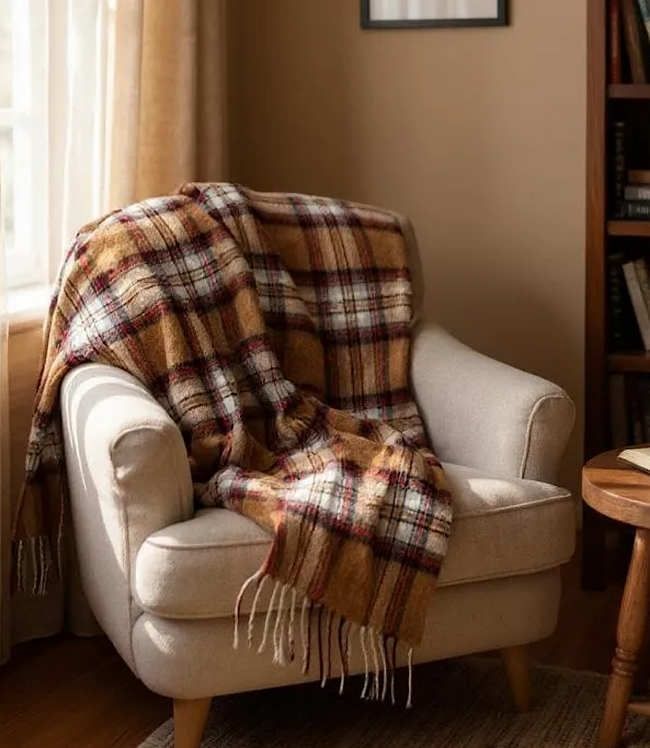 Karen Kane Camel With Black Merino Wool Fringed Plaid Scarf Karen Kane