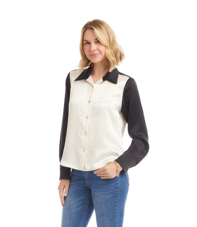 Karen Kane Ceam With Black Long Sleeve Satin Colorblock Shirt Karen Kane