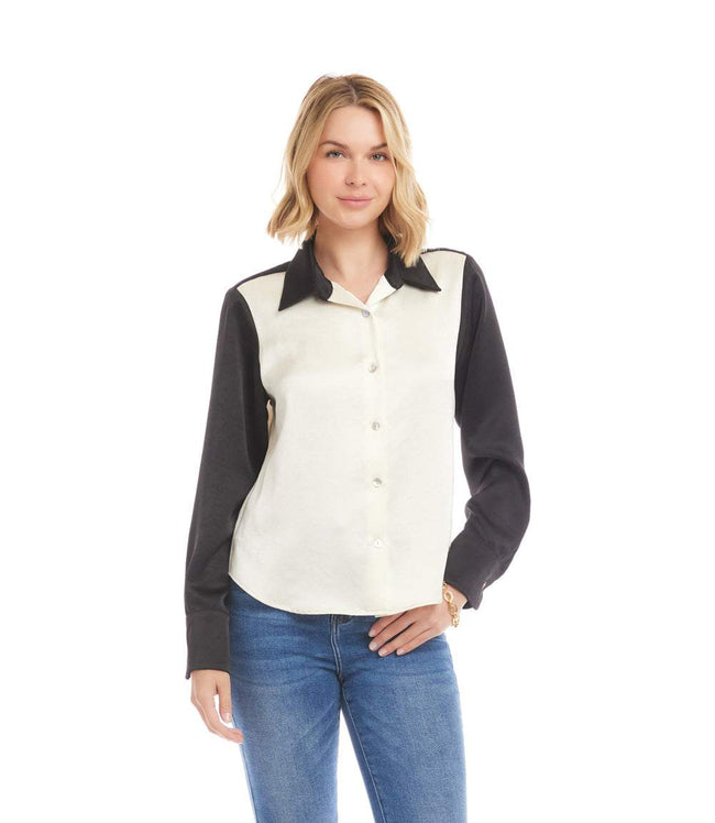 Karen Kane Ceam With Black Long Sleeve Satin Colorblock Shirt Karen Kane