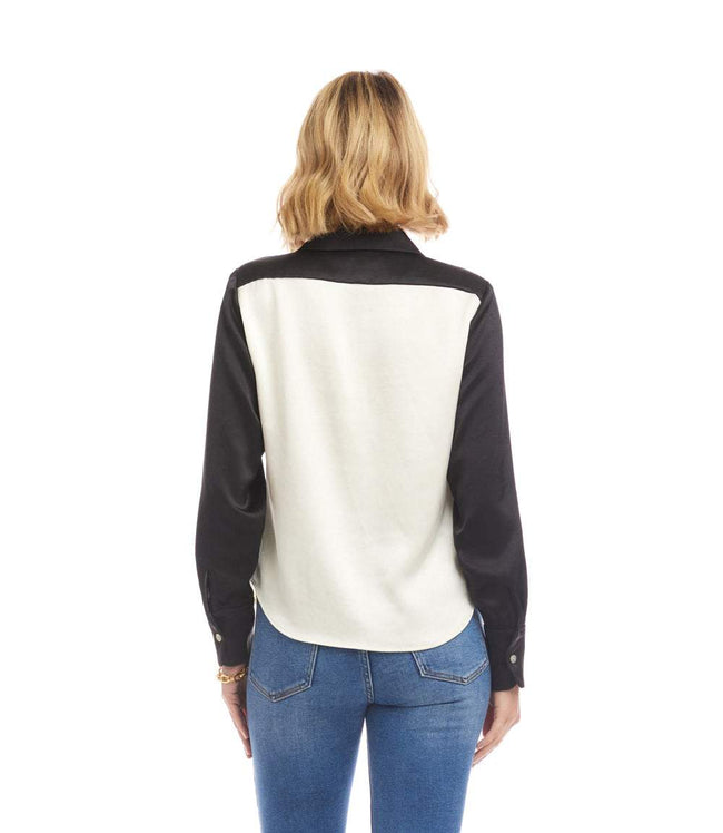 Karen Kane Ceam With Black Long Sleeve Satin Colorblock Shirt Karen Kane