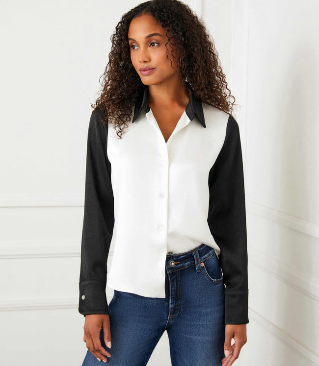 karen kane Ceam With Black Long Sleeve Satin Colorblock Shirt Karen Kane