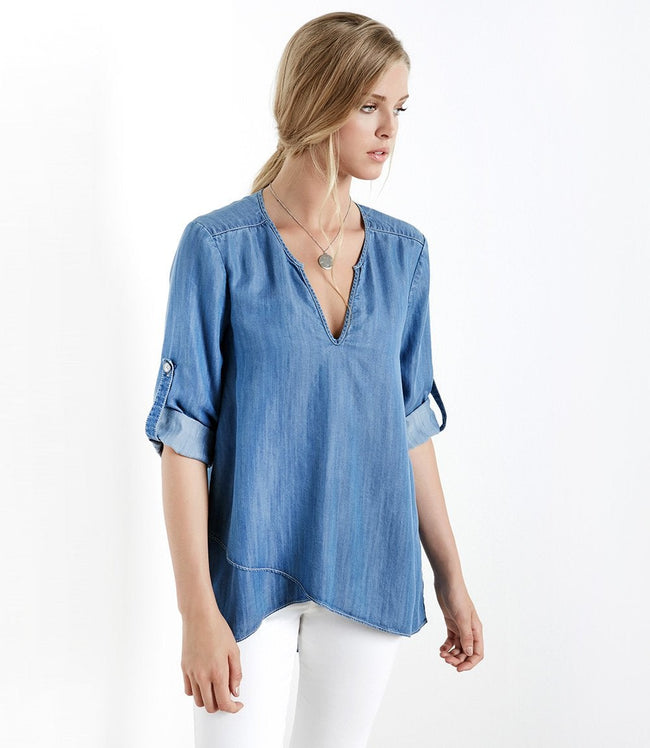 Karen Kane Chambray Asymmetric Hem Wrap Top Karen Kane