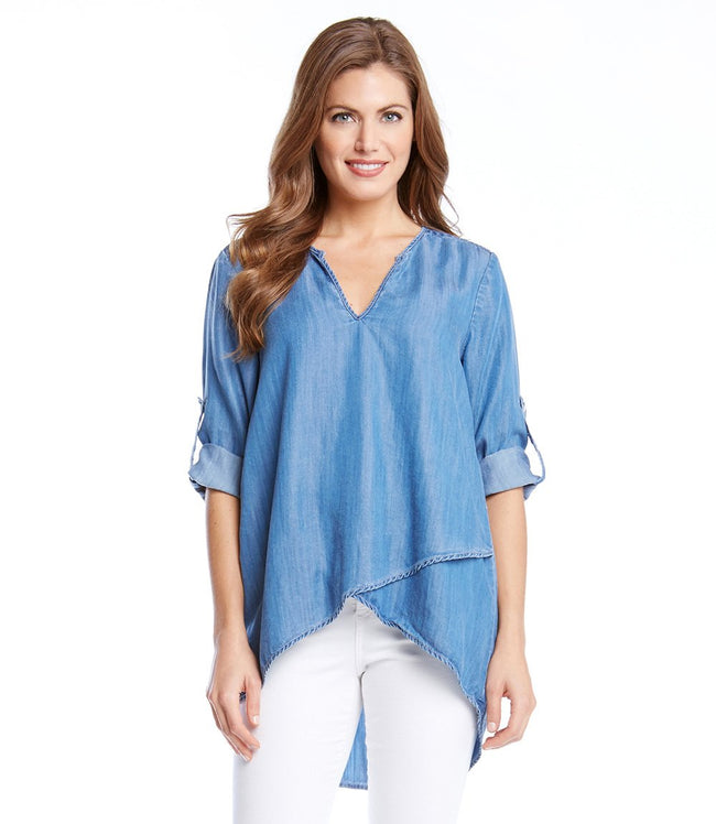 Karen Kane Chambray Asymmetric Hem Wrap Top Karen Kane