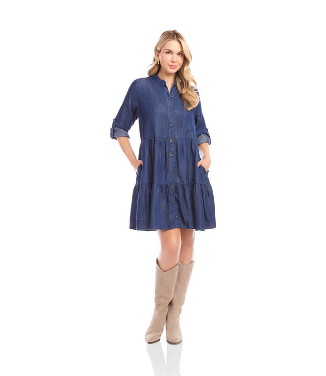 Karen Kane Chambray Petite Size Roll Tab Tiered Shirtdress Karen Kane