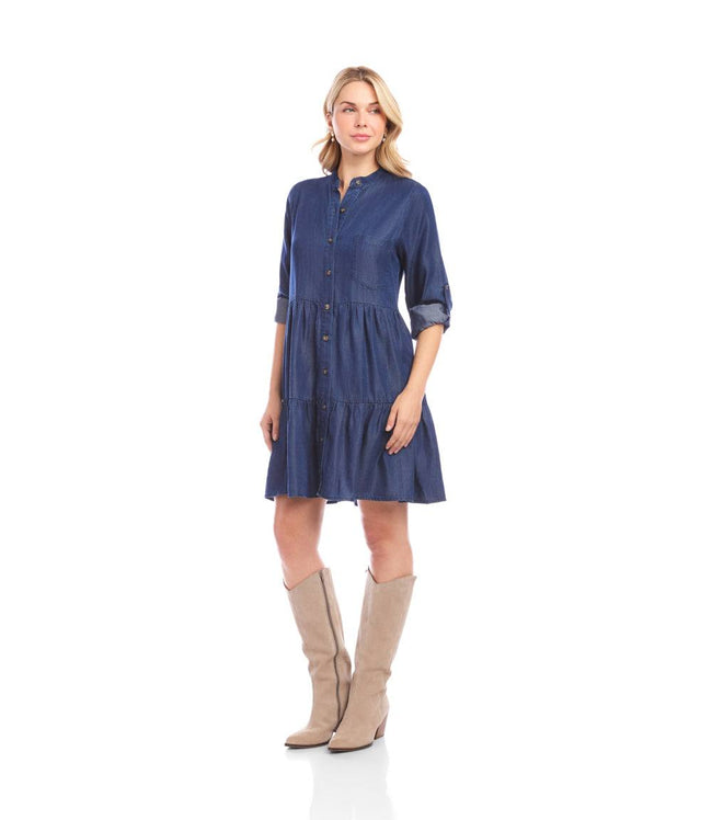 Karen Kane Chambray Petite Size Roll Tab Tiered Shirtdress Karen Kane