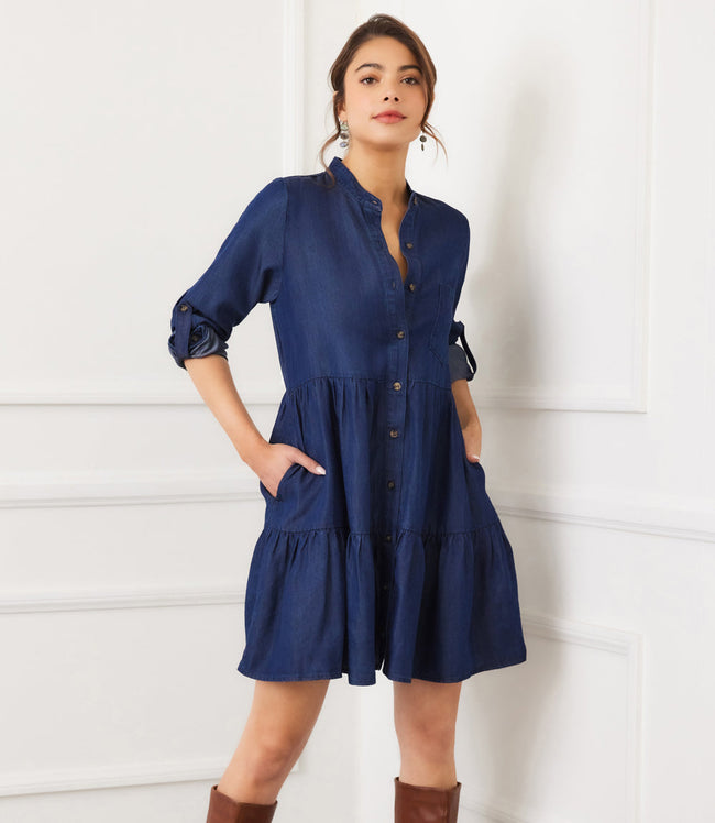 karen kane Chambray Petite Size Roll Tab Tiered Shirtdress Karen Kane