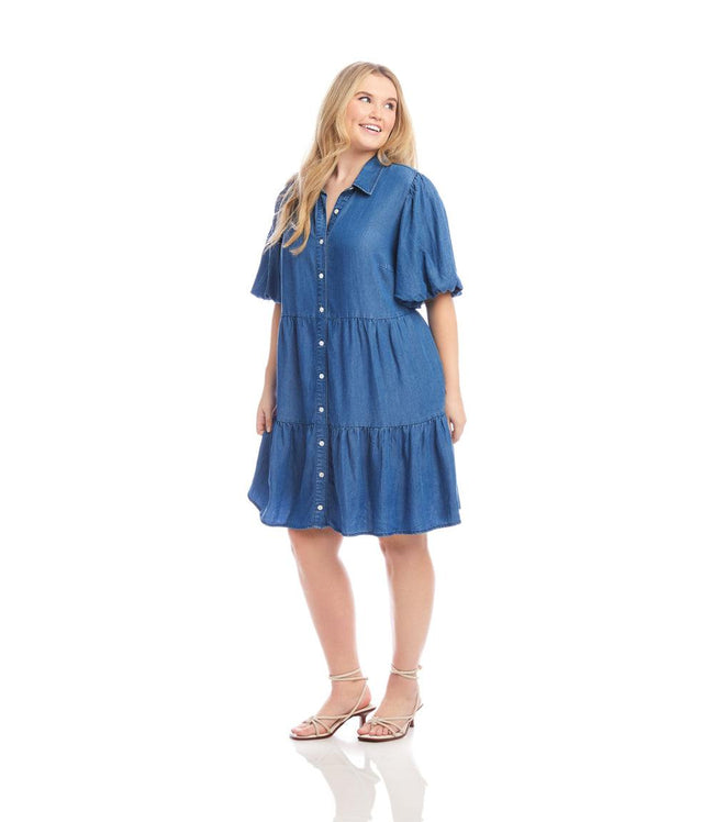 Karen Kane Chambray Plus Size Puff Sleeve Tiered Shirtdress Karen Kane