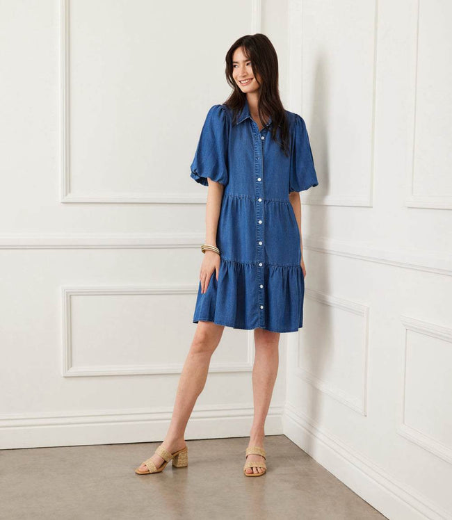 Karen Kane Chambray Puff Sleeve Tiered Shirtdress Karen Kane