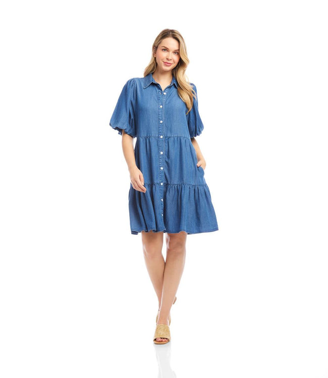 Karen Kane Chambray Puff Sleeve Tiered Shirtdress Karen Kane
