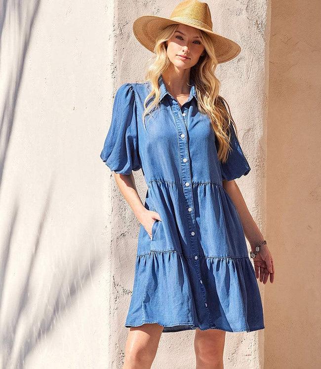 karen kane Chambray Puff Sleeve Tiered Shirtdress Karen Kane
