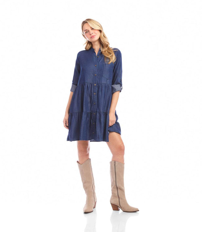 Karen Kane Chambray Roll Tab Tiered Shirtdress Karen Kane