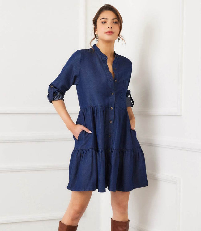 Karen Kane Chambray Roll Tab Tiered Shirtdress Karen Kane