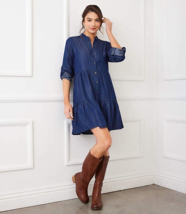 karen kane Chambray Roll Tab Tiered Shirtdress Karen Kane
