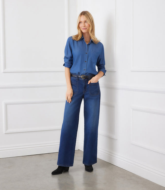 Karen Kane Chambray Ruched 3/4 Sleeve Button-Up Shirt Karen Kane