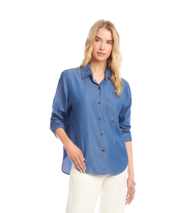Karen Kane Chambray Ruched 3/4 Sleeve Button-Up Shirt Karen Kane
