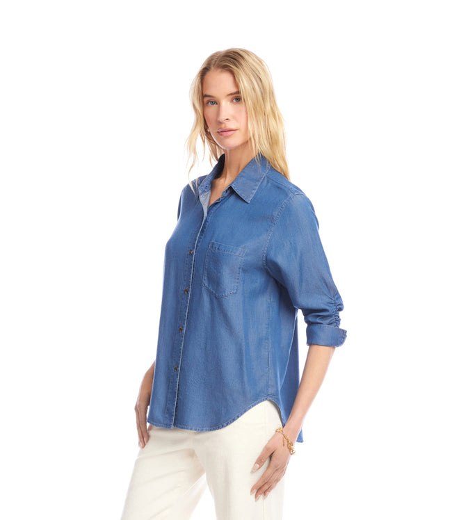 Karen Kane Chambray Ruched 3/4 Sleeve Button-Up Shirt Karen Kane
