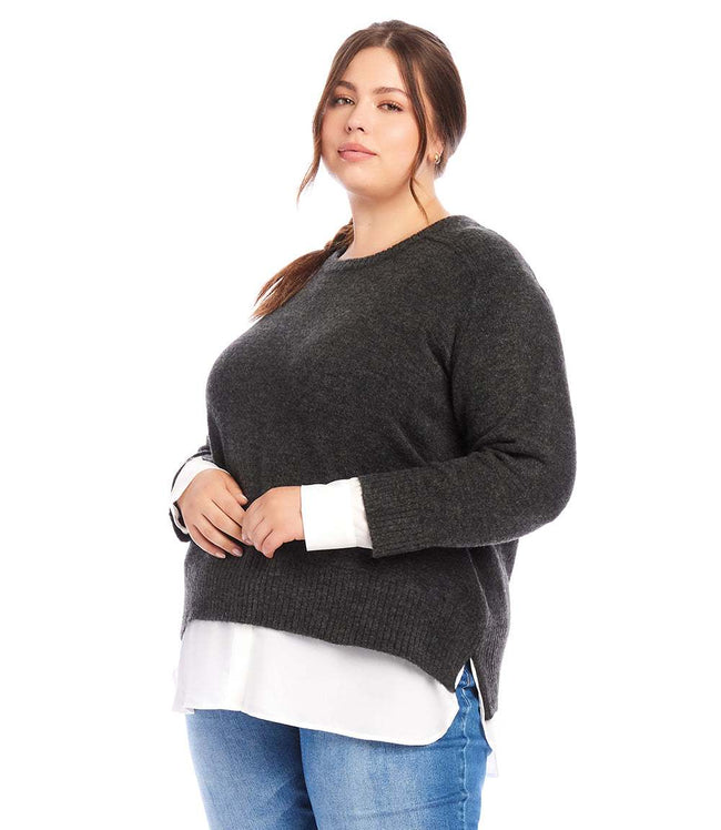 Karen Kane Charcoal Plus Size Layered Crewneck Sweater Karen Kane
