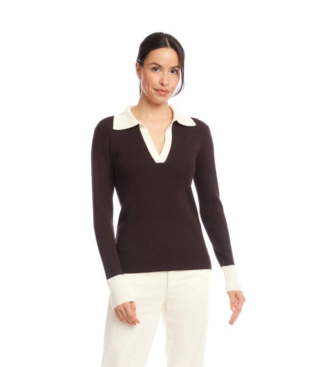 Karen Kane Chocolate With Cream Contrast Ribbed Polo Sweater Karen Kane