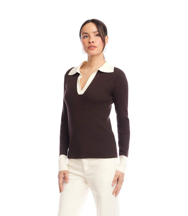 Karen Kane Chocolate With Cream Contrast Ribbed Polo Sweater Karen Kane